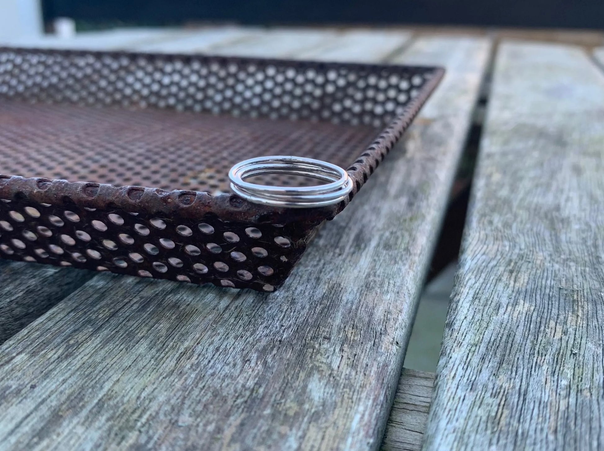 Stacking rings on a metal tray 