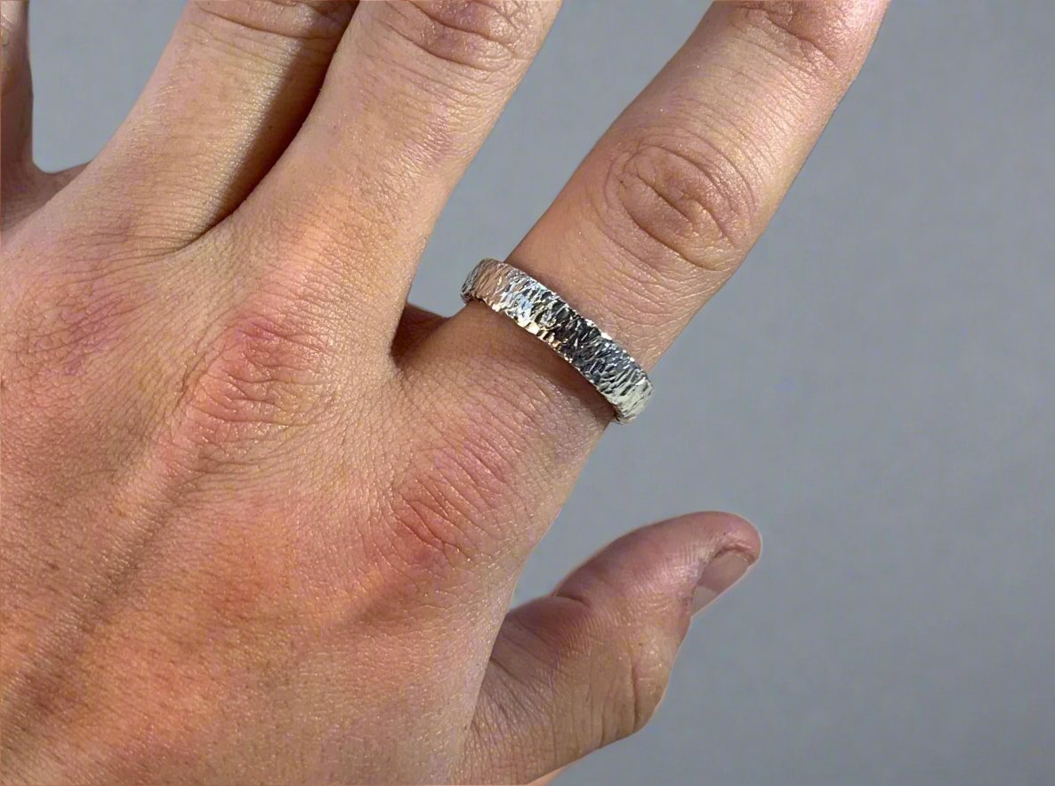 Photo of hammered ring on index finger